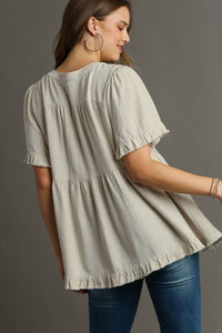 Umgee Solid Color Linen Blend Pleated Top in Oatmeal Shirts & Tops Umgee   