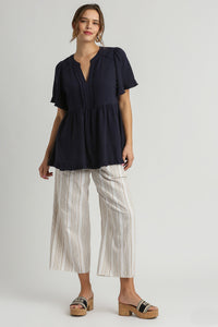 Umgee Solid Color Linen Blend Pleated Top in Navy Shirts & Tops Umgee   