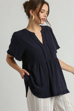 Load image into Gallery viewer, Umgee Solid Color Linen Blend Pleated Top in Navy Shirts &amp; Tops Umgee   
