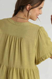 Umgee Solid Color Linen Blend Pleated Top in Pear Shirts & Tops Umgee   