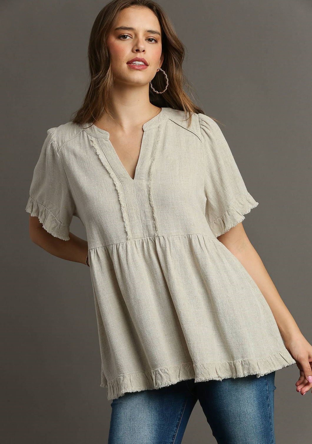 Umgee Solid Color Linen Blend Pleated Top in Oatmeal Shirts & Tops Umgee   
