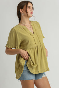 Umgee Solid Color Linen Blend Pleated Top in Pear Shirts & Tops Umgee   