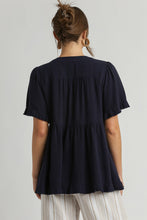 Load image into Gallery viewer, Umgee Solid Color Linen Blend Pleated Top in Navy Shirts &amp; Tops Umgee   

