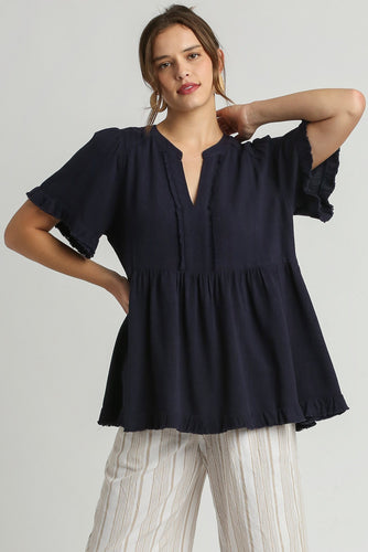 Umgee Solid Color Linen Blend Pleated Top in Navy Shirts & Tops Umgee   