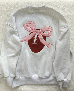 Embroidery Football Pink Bow Sweatshirt in Pearl Gray