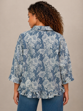 Load image into Gallery viewer, BiBi Flower Print Denim Ruffle Hem Buttoned Top in Denim
