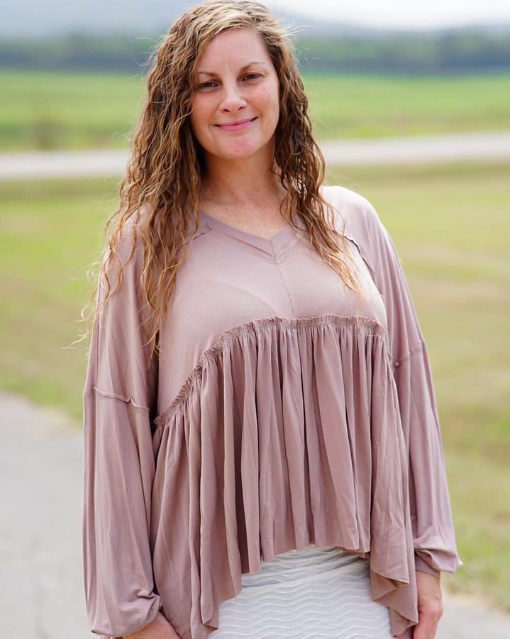 Easel Long Sleeve Span Tiered Top in Light Mocha Shirts & Tops Easel   