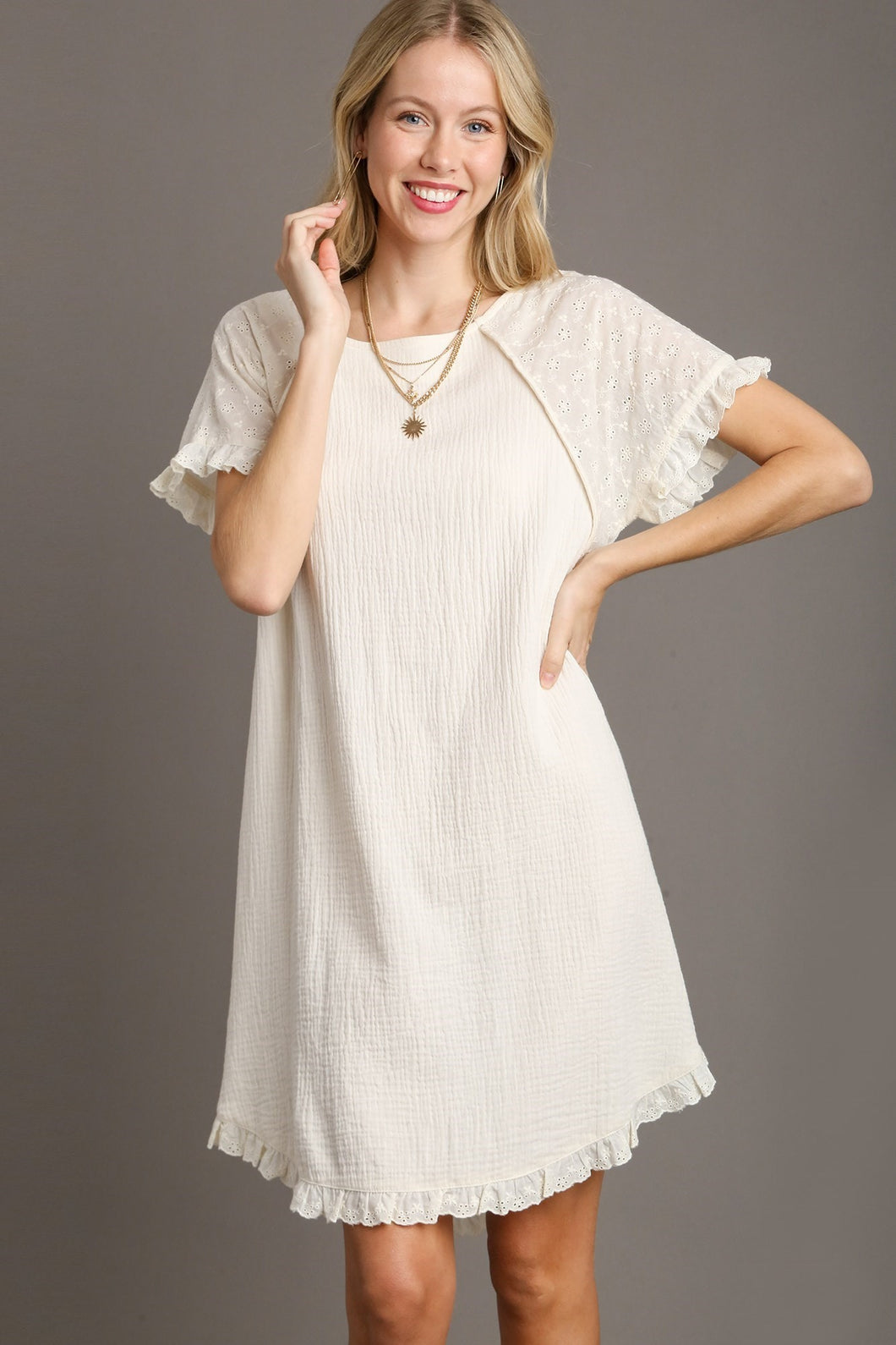 Umgee Short Cotton Gauze Dress in Cream Dresses Umgee   