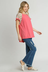 Umgee Solid Color Linen Blend Top with Plaid Sleeves in Pink Shirts & Tops Umgee   