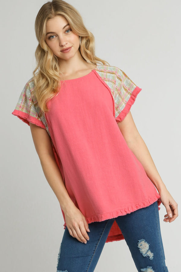 Umgee Solid Color Linen Blend Top with Plaid Sleeves in Pink Shirts & Tops Umgee   