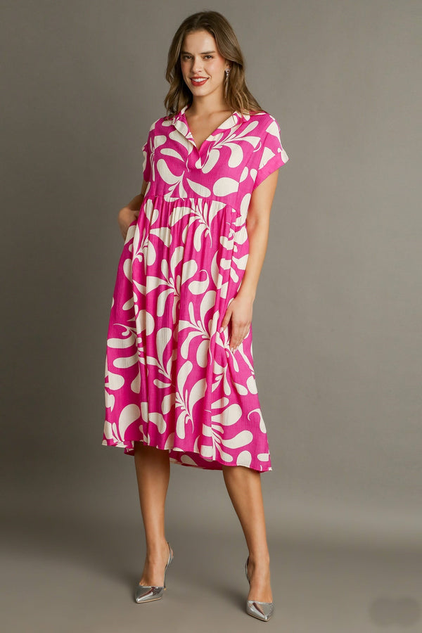 Umgee Two Tone Print Crinkle Midi Dress in Pink Dresses Umgee   
