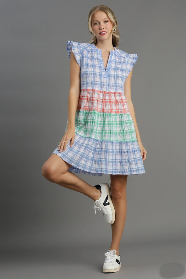 Umgee Mixed Plaid A-Line Tiered Dress in Blue Dresses Umgee   