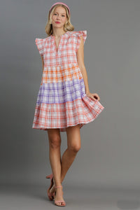 Umgee Mixed Plaid A-Line Tiered Dress in Coral Dresses Umgee   