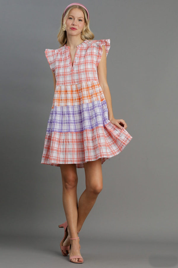 Umgee Mixed Plaid A-Line Tiered Dress in Coral Dresses Umgee   