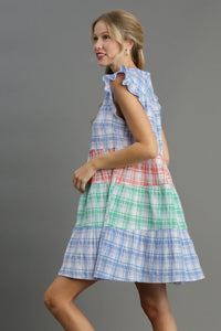 Umgee Mixed Plaid A-Line Tiered Dress in Blue Dresses Umgee   
