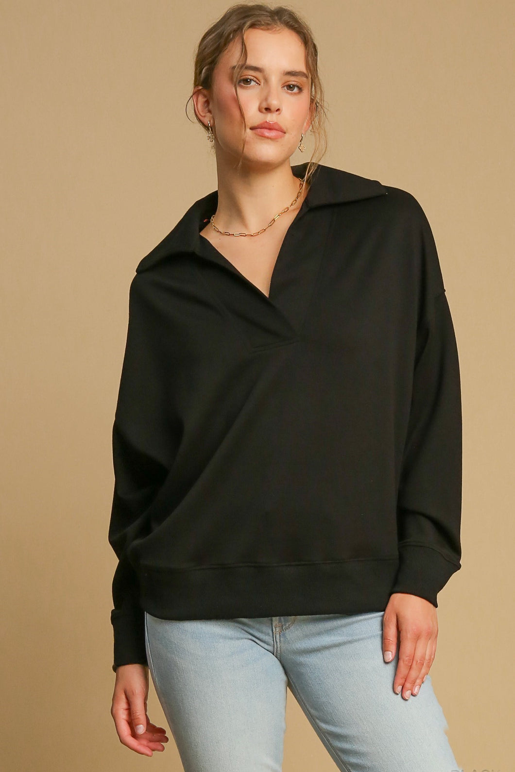 Umgee Solid Color Buttery Soft Knit Top in Black