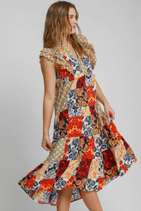 Umgee Scarf Print Midi Dress in Navy Mix