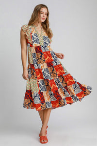 Umgee Scarf Print Midi Dress in Navy Mix