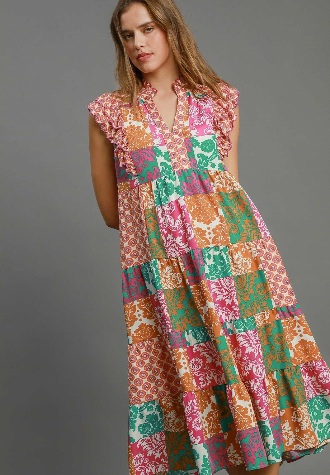 Umgee Scarf Print Midi Dress in Green Mix