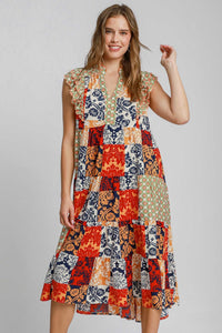 Umgee Scarf Print Midi Dress in Navy Mix