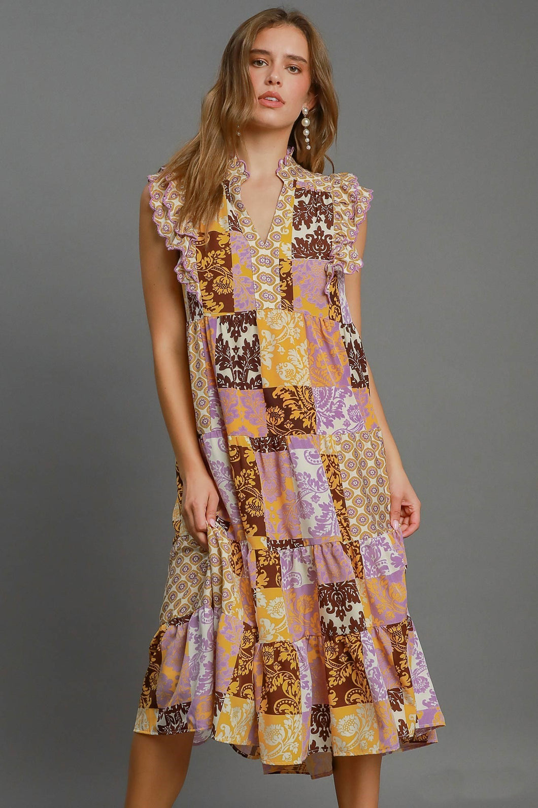 Umgee Scarf Print Midi Dress in Mango Mix