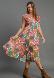 Umgee Scarf Print Midi Dress in Green Mix