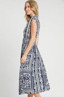 Umgee Mixed Print Sleeveless Midi Dress in Navy