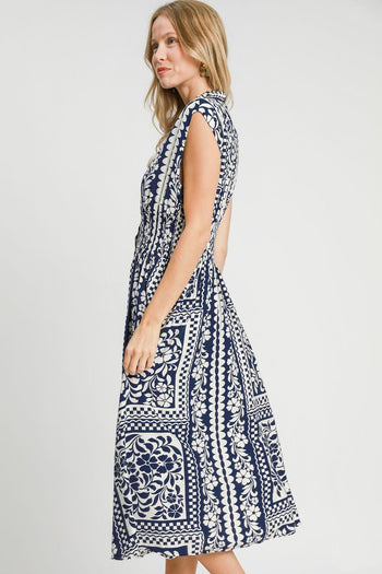 Umgee Mixed Print Sleeveless Midi Dress in Navy