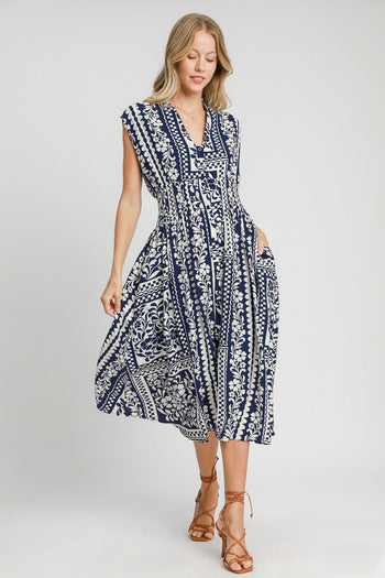 Umgee Mixed Print Sleeveless Midi Dress in Navy