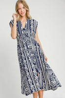 Umgee Mixed Print Sleeveless Midi Dress in Navy