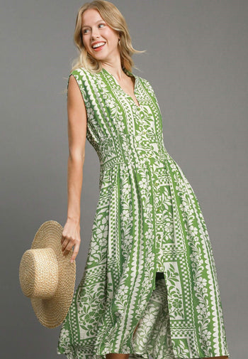 Umgee Mixed Print Sleeveless Midi Dress in Green