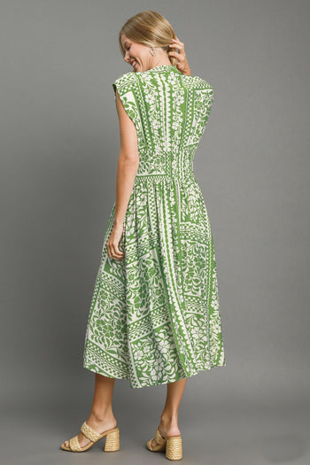 Umgee Mixed Print Sleeveless Midi Dress in Green