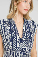 Umgee Mixed Print Sleeveless Midi Dress in Navy