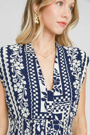 Umgee Mixed Print Sleeveless Midi Dress in Navy