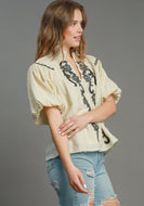 Umgee Solid Color Top with Embroidery in Natural