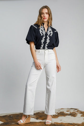 Umgee Solid Color Top with Embroidery in Navy