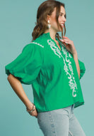 Umgee Solid Color Top with Embroidery in Kelly Green