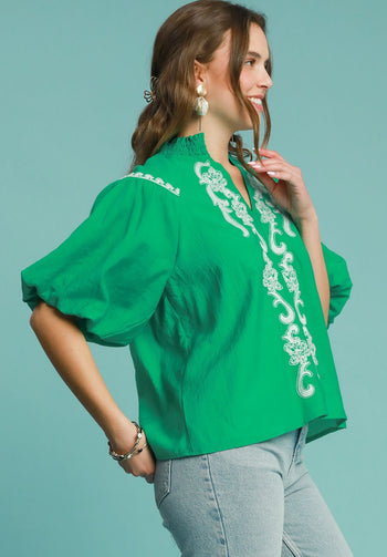 Umgee Solid Color Top with Embroidery in Kelly Green
