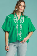 Umgee Solid Color Top with Embroidery in Kelly Green