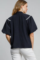 Umgee Solid Color Top with Embroidery in Navy