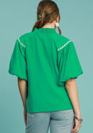 Umgee Solid Color Top with Embroidery in Kelly Green