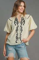 Umgee Solid Color Top with Embroidery in Natural