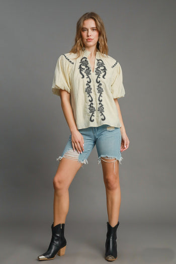 Umgee Solid Color Top with Embroidery in Natural