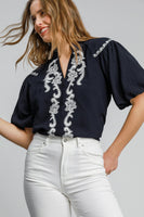 Umgee Solid Color Top with Embroidery in Navy