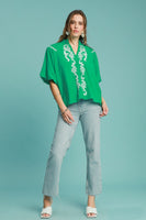 Umgee Solid Color Top with Embroidery in Kelly Green