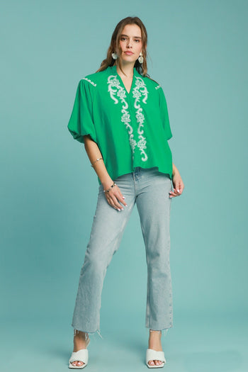 Umgee Solid Color Top with Embroidery in Kelly Green