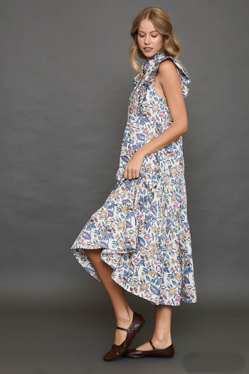 Umgee Floral Garden Print Tiered Maxi Dress in Off White Mix