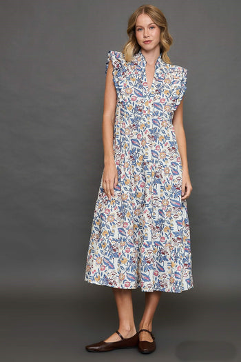 Umgee Floral Garden Print Tiered Maxi Dress in Off White Mix