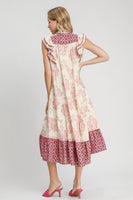 Umgee Mixed Print Midi Dress with Contrasting Binding in Blush Mix