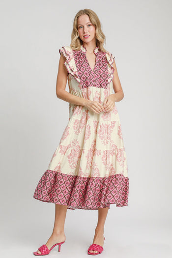 Umgee Mixed Print Midi Dress with Contrasting Binding in Blush Mix